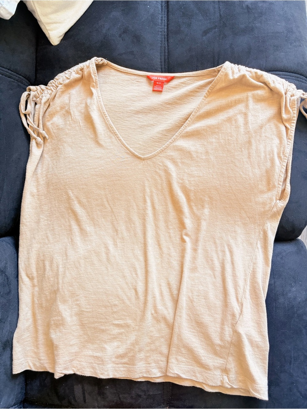 Joe Fresh Women's Beige V‑Neck Short Sleeve Top with Drawstring Shoulders